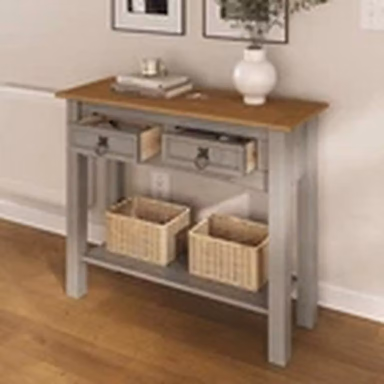 EONLION Grey Solid Mexican Pine 2 Drawer Console Table with Wax Finish
