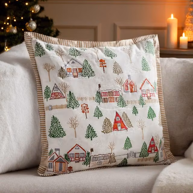 Paoletti Winter Ski Lodges Embroidered Cotton Velvet Cushion in White, W/D/H: 50 x 50 x 50 cm
