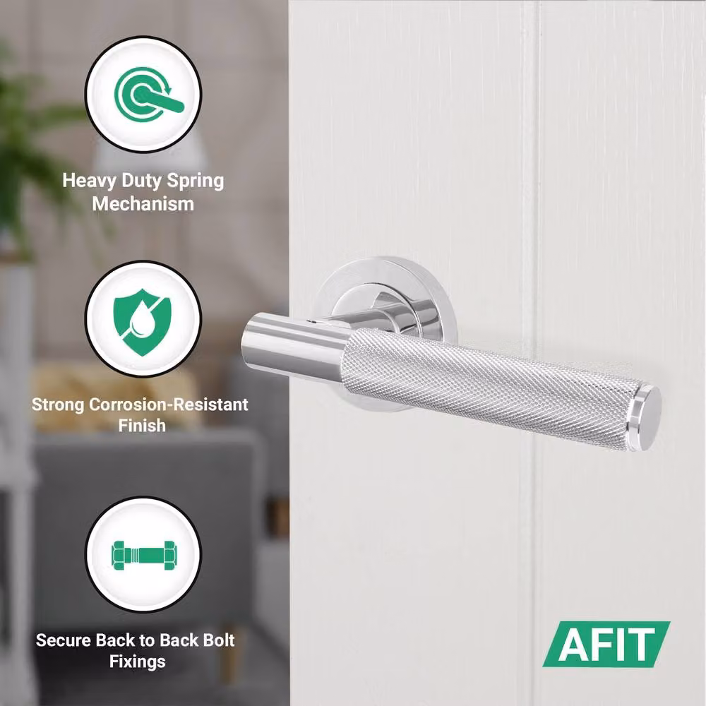AFIT Polished Chrome Rose Latch Door Handle Kit with 2 Knurled Hinges in Silver – 2