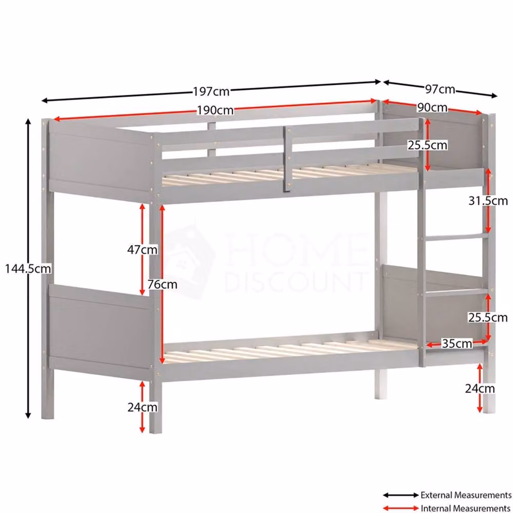 FORGEVIO Single Bunk Bed for Children in Grey Solid Pine Wood, W/D/H: 70 x 140 x 91.44 cm – 2