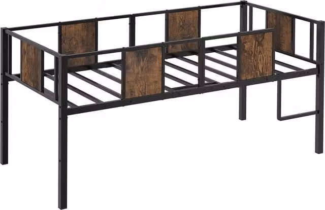 COSTWAY Kids Space-Saving Industrial Metal Loft Bed Frame in Brown