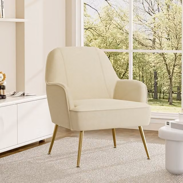 Livingandhome Modern Beige Velvet Armchair with Gold Legs and Armrests