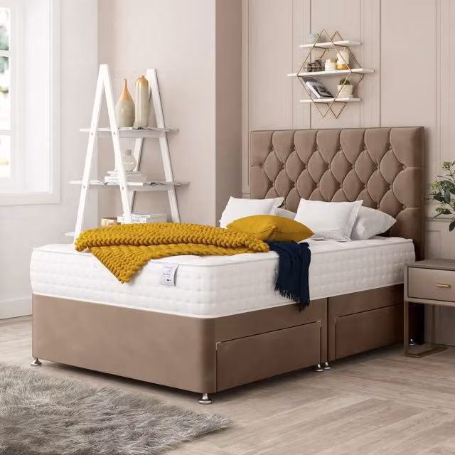 Bed Choices Windsor Brown Upholstered Chesterfield Divan Bed with 2 Drawers and 26 inch Headboard, W/D/H: 180 x 200 cm