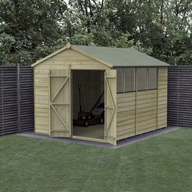 Forest Garden Shiplap Apex Shed with 4 Windows and Double Doors in Green and Brown
