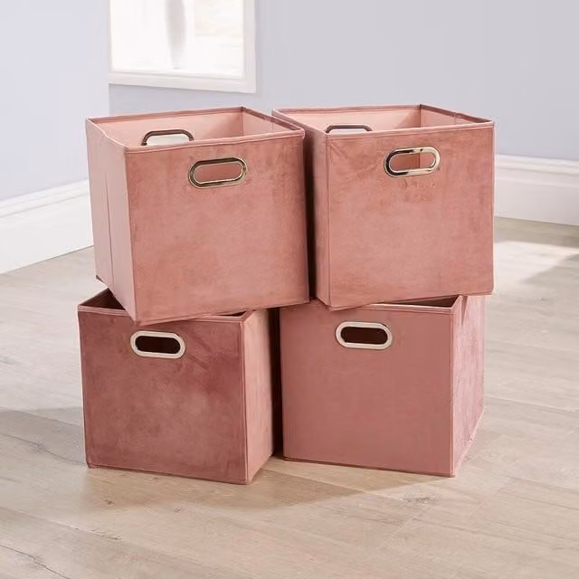 Home Source Pack of Four Foldable Canvas Fabric Storage Insert Boxes in Dusty Pink, W/D/H: 33 x 33 x 37 cm