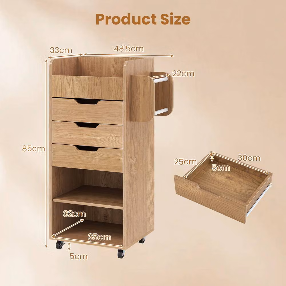 Costway Rolling Storage Cart Mobile Cabinet with 3 Drawers in Natural Wood and Metal Finish – 2