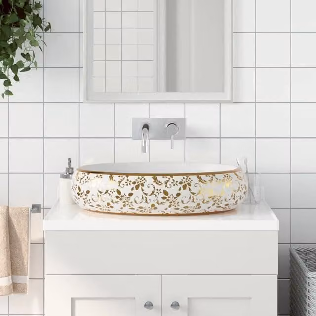 Berkfield Home Oval Ceramic Countertop Basin in White and Gold, W: 59 cm, D: 40 cm, H: 15 cm
