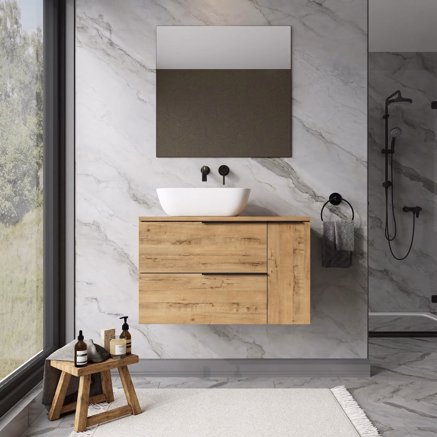 Banyetti Celtic Duo 800mm Wall Hung Vanity Unit with Door and Worktop in Ostippo Light Oak – 4