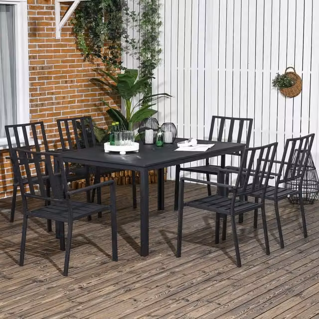 Outsunny Modern Garden Dining Set with Rectangular Metal Top Table and 7 Stackable Chairs in Black