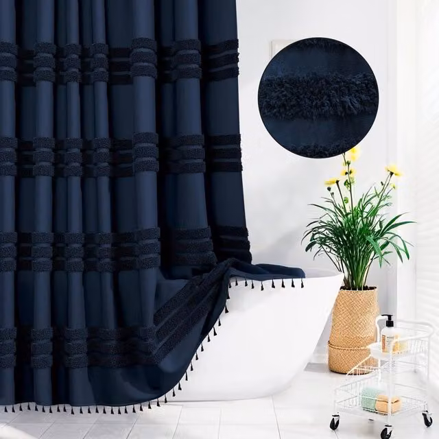 INHOUSOLU HOME DECOR Blue Tufted Boho Shower Curtain with Tassels and Eyelets, Width: 184 cm