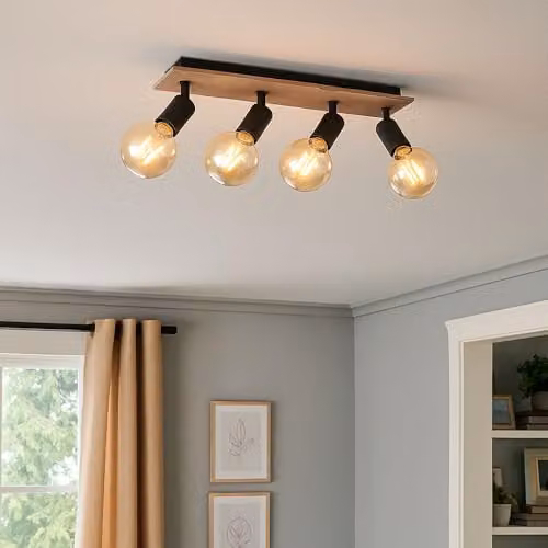 Globo Lighting Martha Industrial Ceiling Spotlight Bar in Black and Wood, 4x E27, L 49 cm – 3