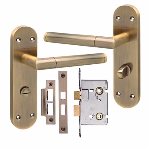 Golden Grace Mitred Long Rounded Backplate Bathroom Door Handle Set in Bronze Brass