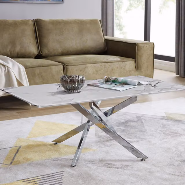 FurnitureboxUK Leonardo Modern Rectangular Coffee Table with White Marble Effect Glass Top and Silver Metal X-Frame Legs