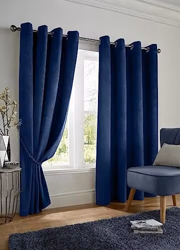 Alan Symonds Blue Velvet Thermal Blackout Eyelet Curtains Pair, Width: 168 cm, Drop: 137 cm – 1