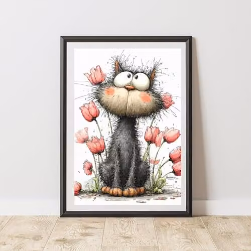 60 Second Makeover Cat with Tulip Print Poster, Black and Multicolour Floral Illustration, A4