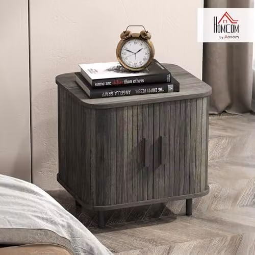 HOMCOM Scandinavian Grey Bedside Table with Sliding Doors and Metal Legs W/D/H: 40 x 30 x 48 cm – 2