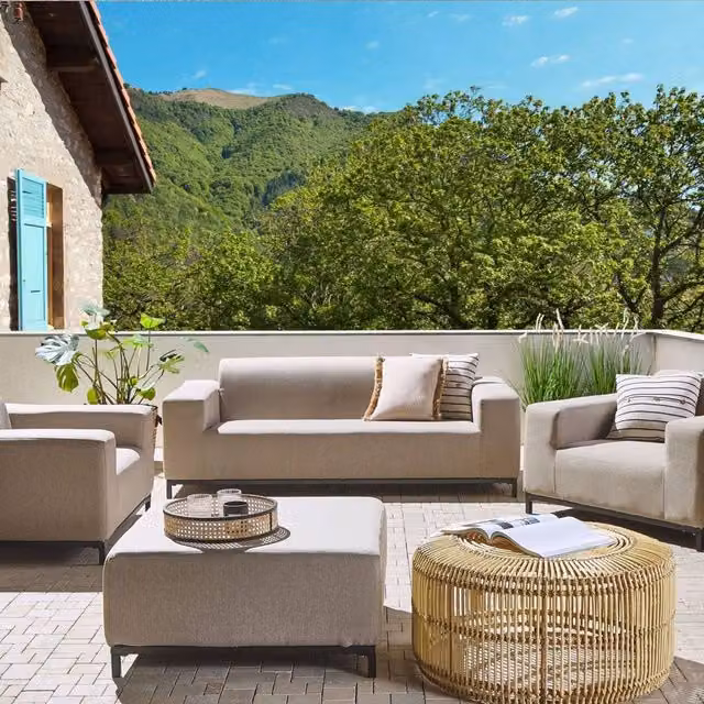 Wyld and Coco Beige Fabric 5-Seater Outdoor Sofa Set with Matching Ottoman and Powder Coated Aluminium Frame