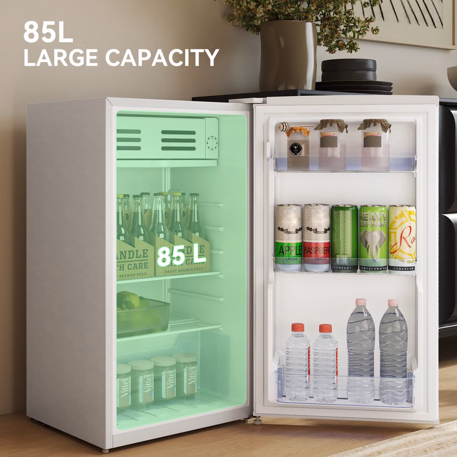 HOMCOM 85L Retro Under Counter Fridge in White with Chiller Box, Glass Shelves and LED Interior Light – 3
