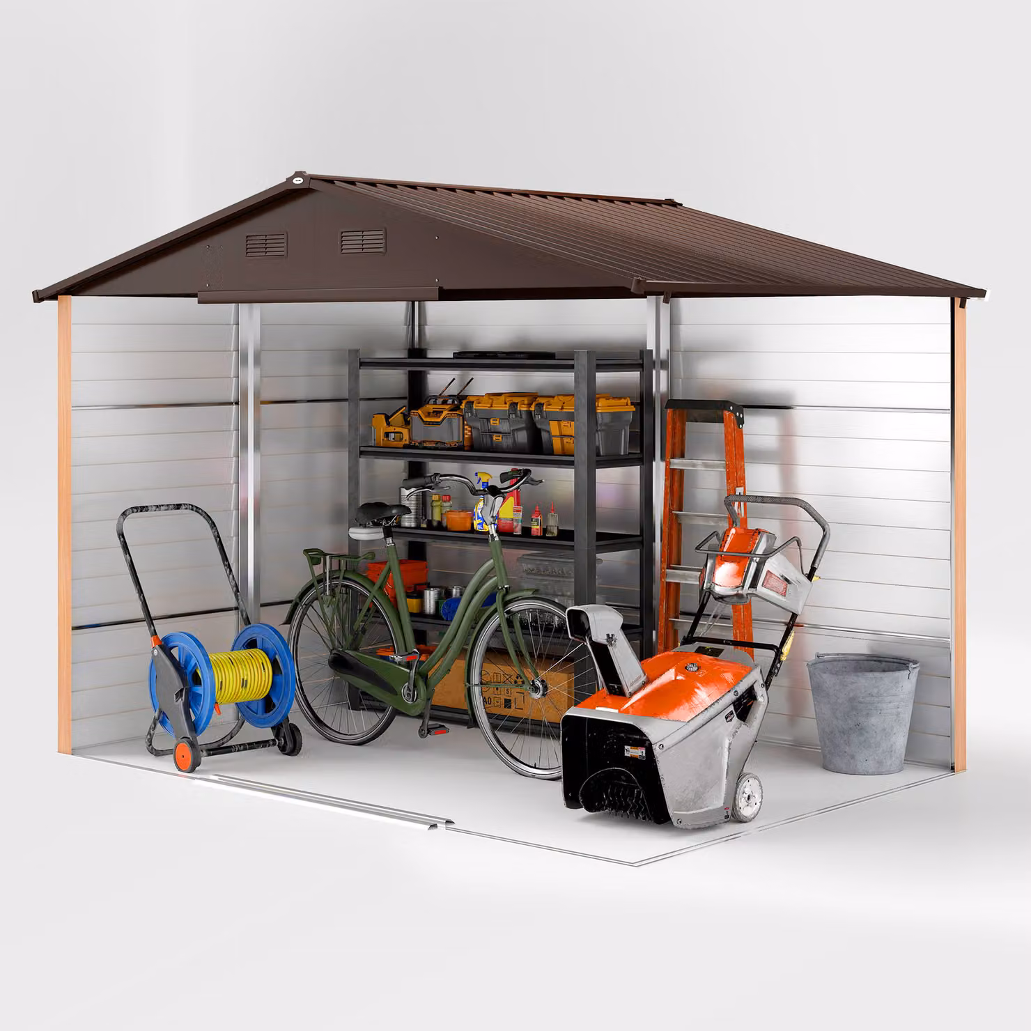 Outsunny Brown Wood-Effect Galvanised Steel Shed with Sliding Doors and Side Vent, W: 275.8 cm, D: 183.0 cm, H: 183.0 cm – 7