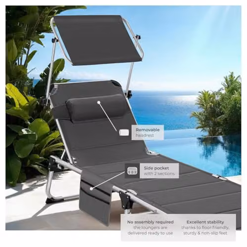 tectake Lorella Folding Sun Lounger in Grey with Sun Canopy and Adjustable Headrest, Powder Coated Aluminium Frame and Textilene Fabric – 3