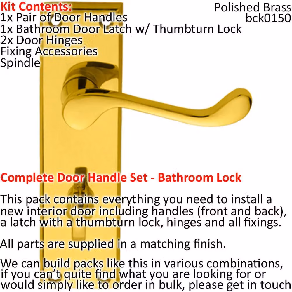 Loops Polished Brass Victorian Scroll Lever Door Handle and Bathroom Lock Pack in Gold – 2