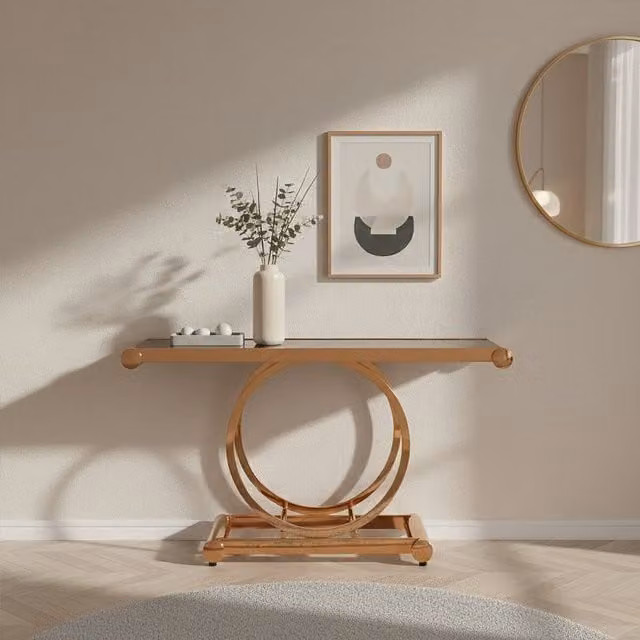 Orsina Modern Rose Gold and Black Glass Console Table, W/D/H: 140 x 40 x 78 cm