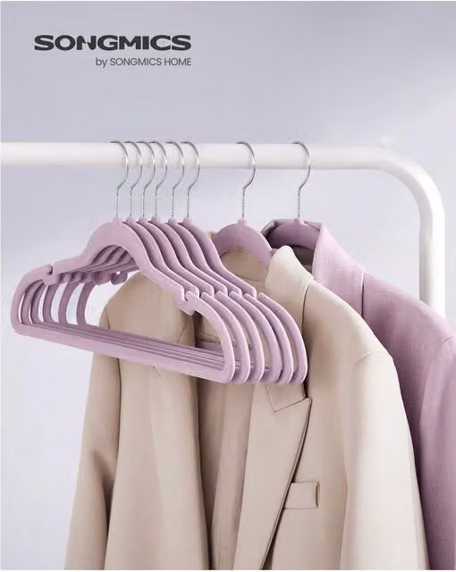 SONGMICS Non-Slip Velvet Coat Hangers in Purple with Notches and Swivel Hooks, 2.2kg Capacity