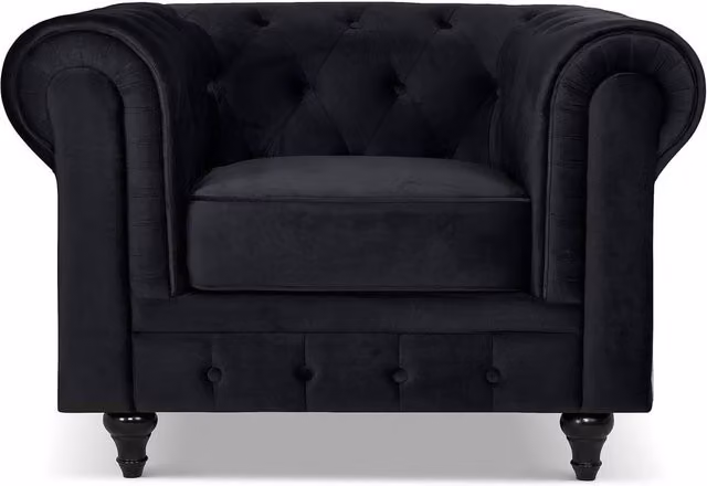 Bravich LTD Chesterfield Scroll Arm Velvet Sofa with Buttoned Back in Black, 2 Pack – 1