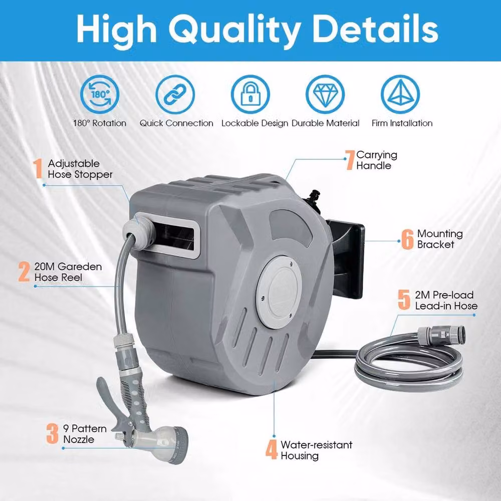 NESTLUNE Wall Mounted Automatic Garden Patio Hose Reel with 180 Degree Swivel in Grey, 20m – 3