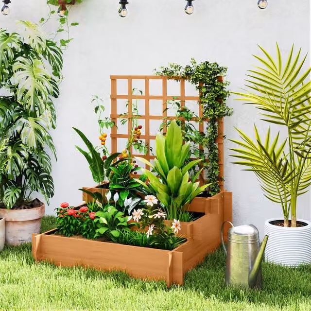 Outsunny 3 Tier Wooden Raised Garden Bed with Trellis in Brown