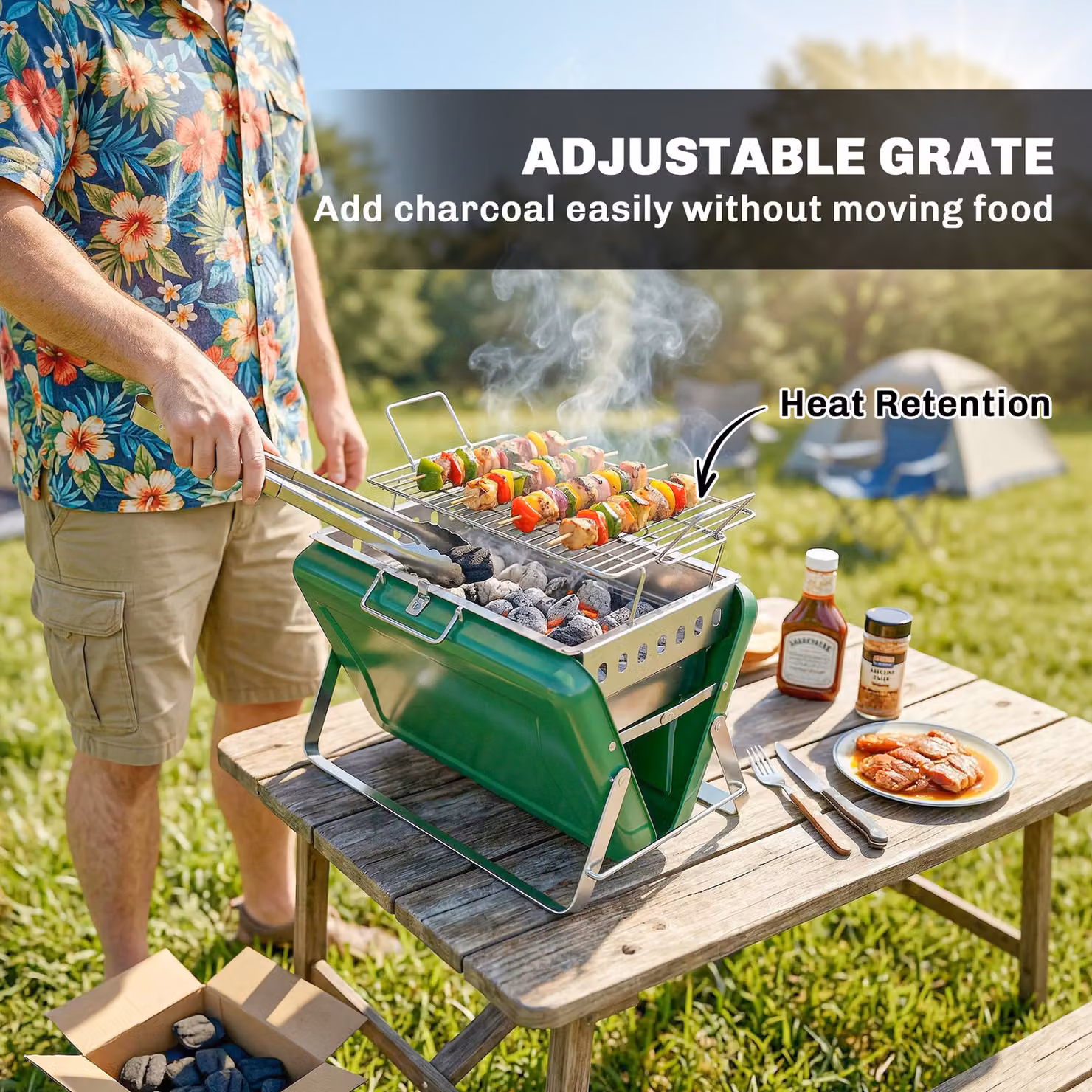 Outsunny Portable Charcoal BBQ Grill in Dark Green with Stainless Steel Tilting Grate and Tabletop Design – 5