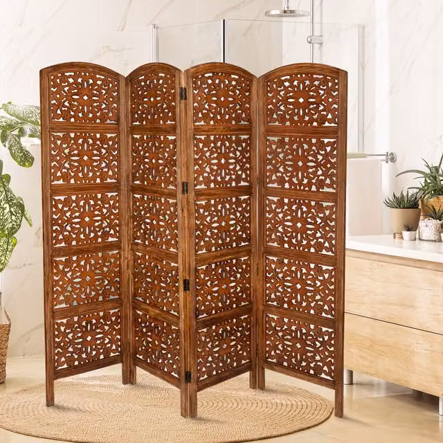 Topfurnishing 4 Panel Brown Floral Carved Wooden Room Divider Screen