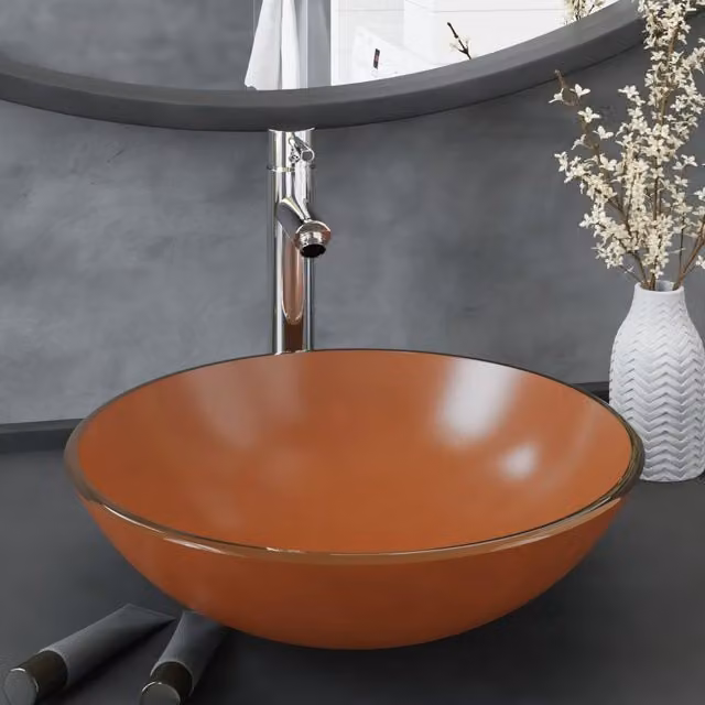 Berkfield Home Round Brown Tempered Glass Countertop Bathroom Sink with Tap and Push Drain – 1