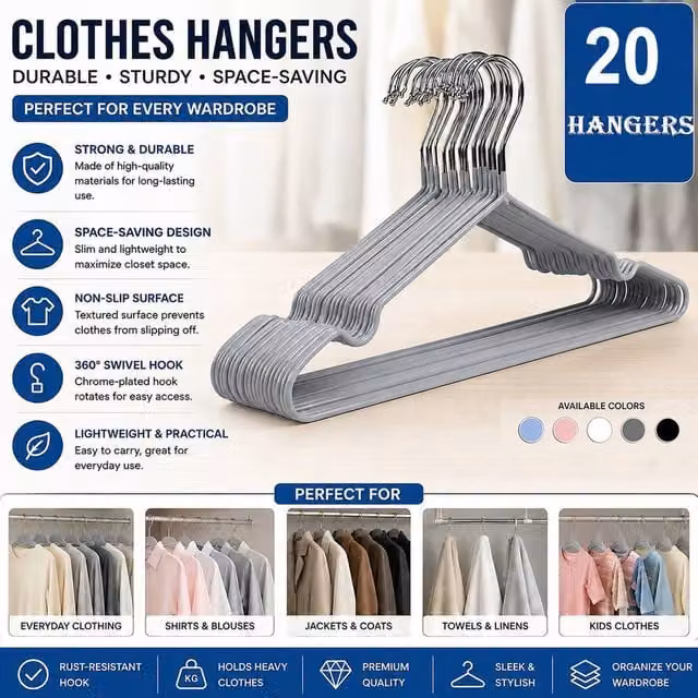 ATEK Grey Metal Non-Slip Rubber Coated Clothes Hangers, 20 Pack Heavy Duty Space Saving Organiser for Coats, Jackets, Shirts and Suits
