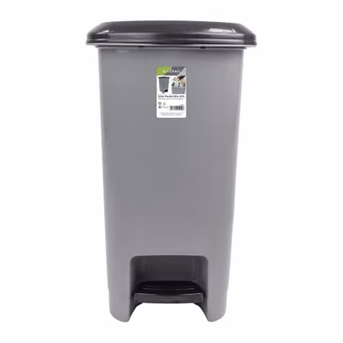 JVL Slim Plastic Lidded Foot Pedal Waste Bin, 60L, Grey, H: 63.0 cm, W: 37.0 cm, D: 25.0 cm