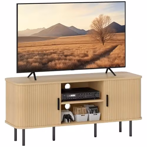 HOMCOM Mid-Century TV Stand Cabinet for Televisions up to 55 Inches, Brown and Black, W/D/H: 120 x 40 x 20.4 cm