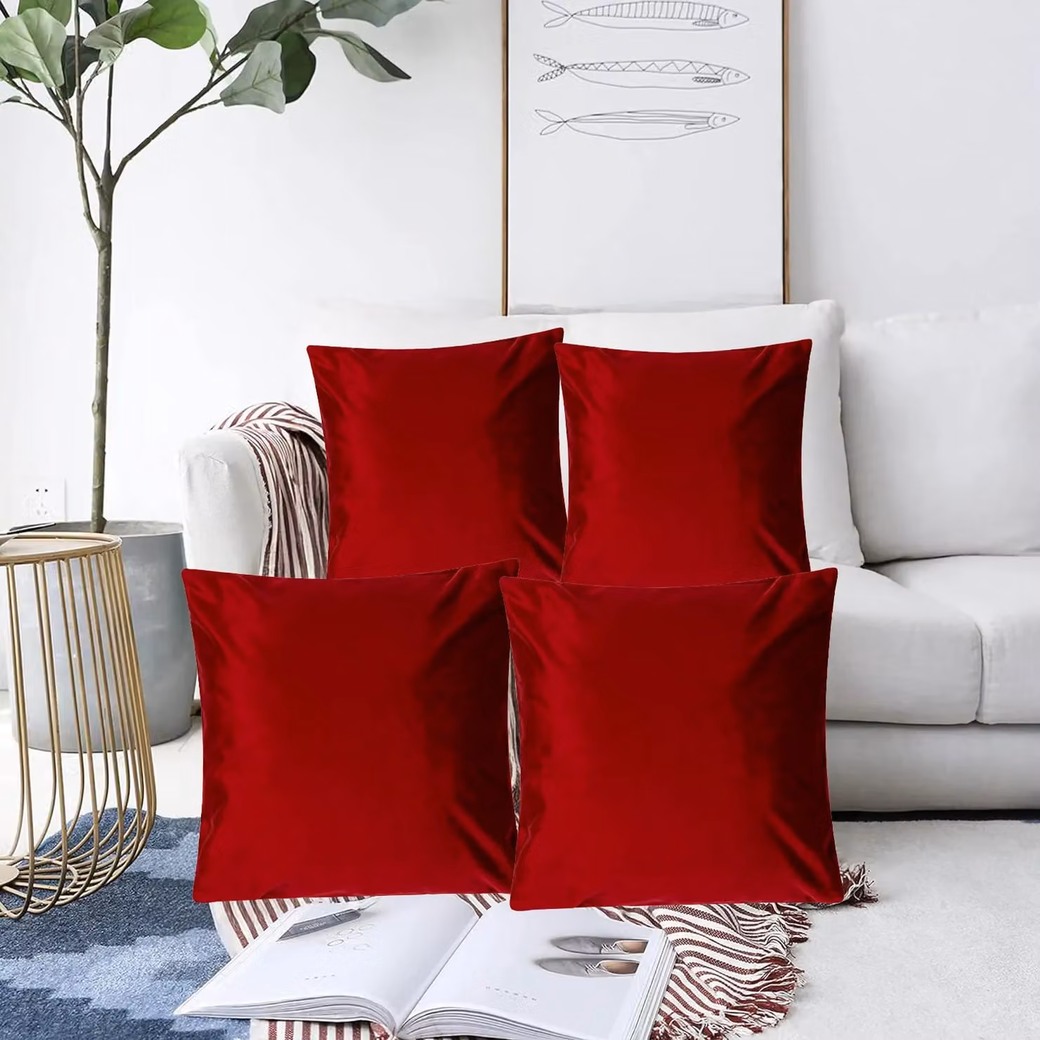 Luxor Living Set of 4 Red Velvet Square Cushions, W/D/H: 45 x 45 x 45 cm – 4