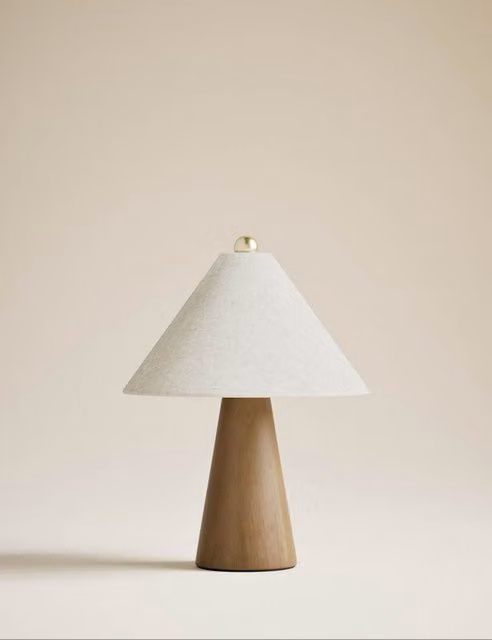 M&S Rechargeable Touch Table Lamp in Natural Wood and Beige with White Fabric Shade