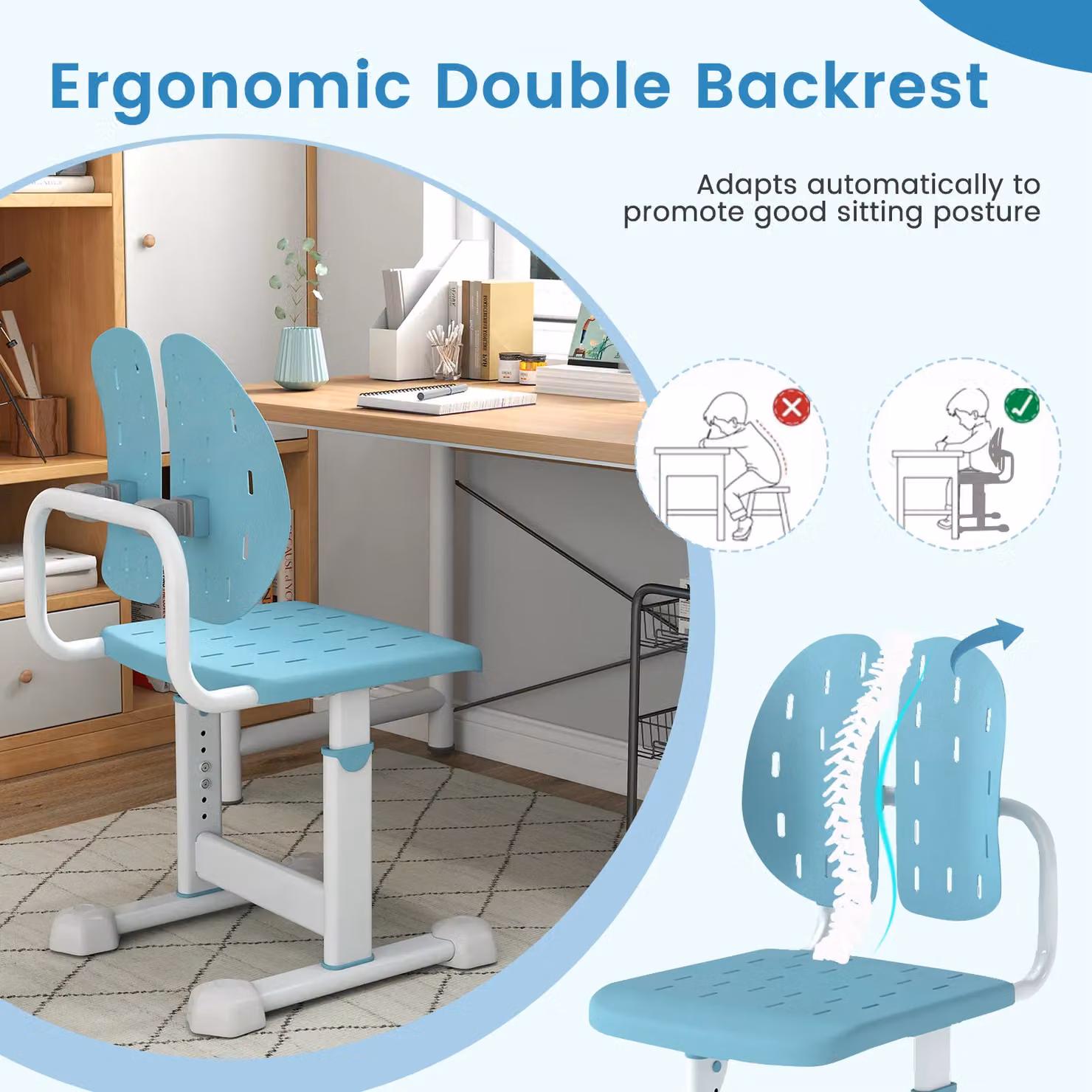 Costway Height-adjustable Kids Study Chair in Blue – 3