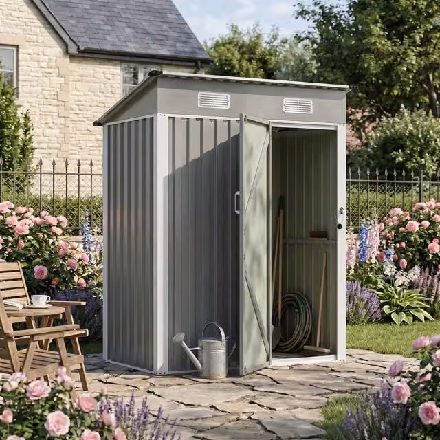 Breeins Metal Pent Garden Shed with Lockable Door, Grey, W/D/H: 152.4 x 91.44 x 152.4 cm