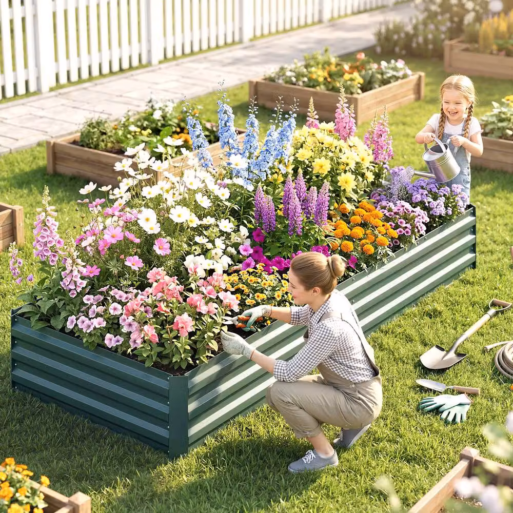 STILVORA Green Galvanised Steel Raised Garden Bed for Ornamental or Herb Gardens W/D/H: 120 x 88 x 30 cm – 3