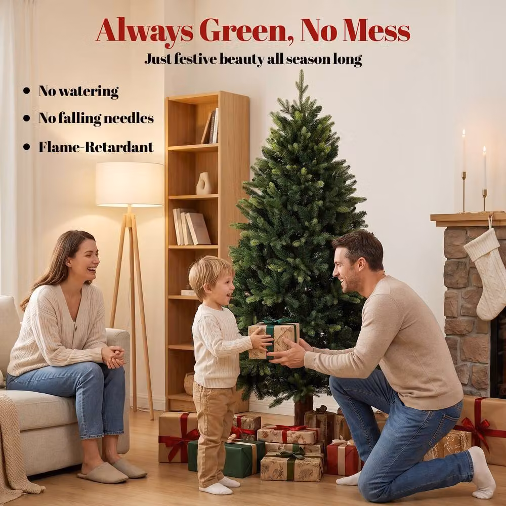 HOMCOM 5ft Green Artificial Christmas Tree with Solid Fir Wood Stand – 3