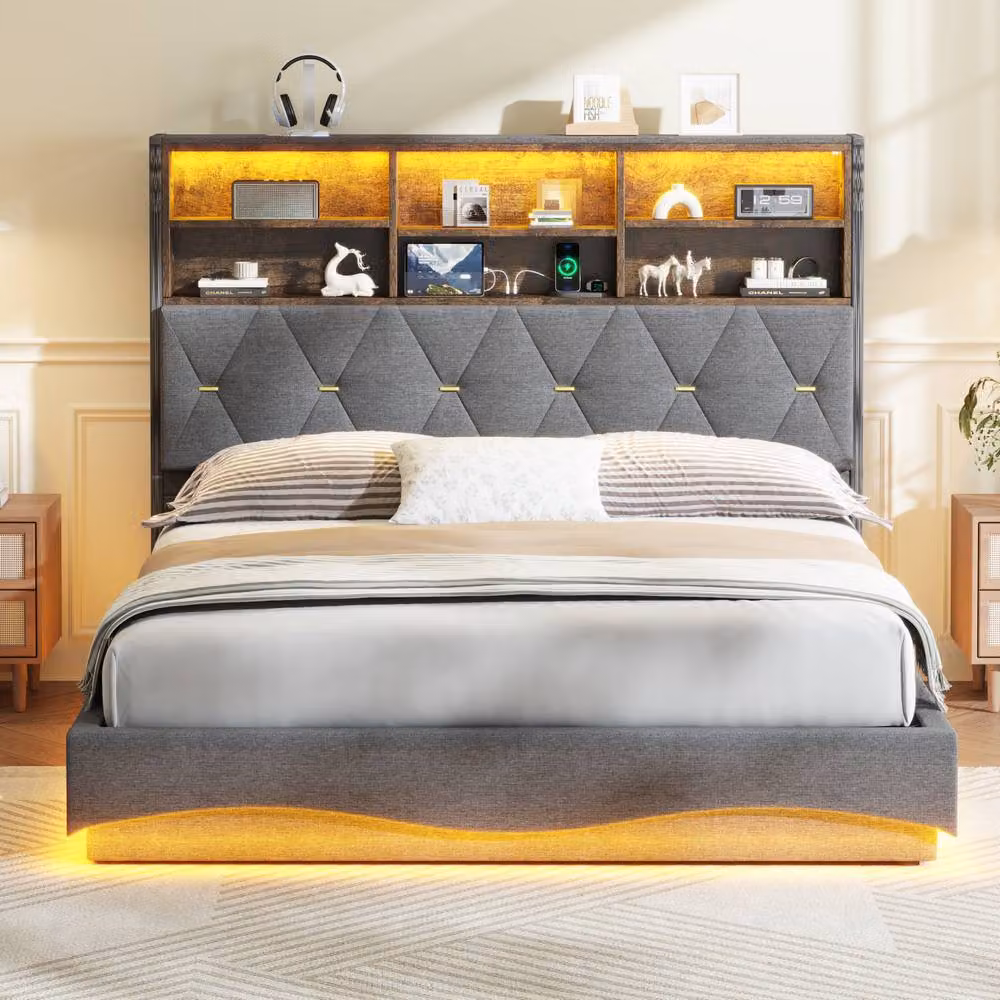 BTM Grey Upholstered 5ft King Size Hydraulic Storage Bed with Wavy LED Lighting and USB/Type C Charging Ports, W/D/H: 180 x 200 x 132 cm – 3