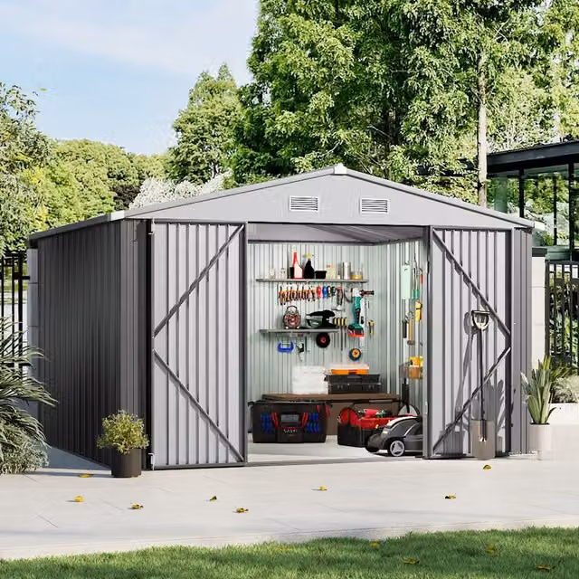 Breeins Metal Outdoor Storage Shed with Lockable Door in Grey and White