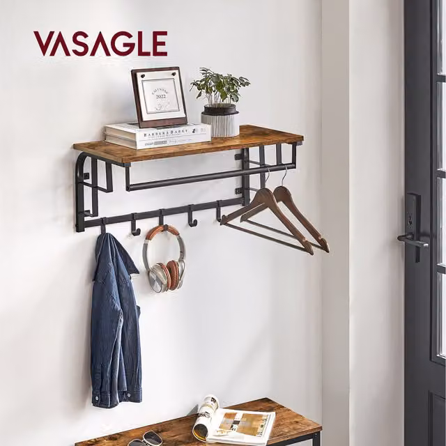 VASAGLE Rustic Wall-Mounted Coat Rack with Shelf and Hooks in Bronze and Brown, W/D/H: 66 x 30 x 15 cm
