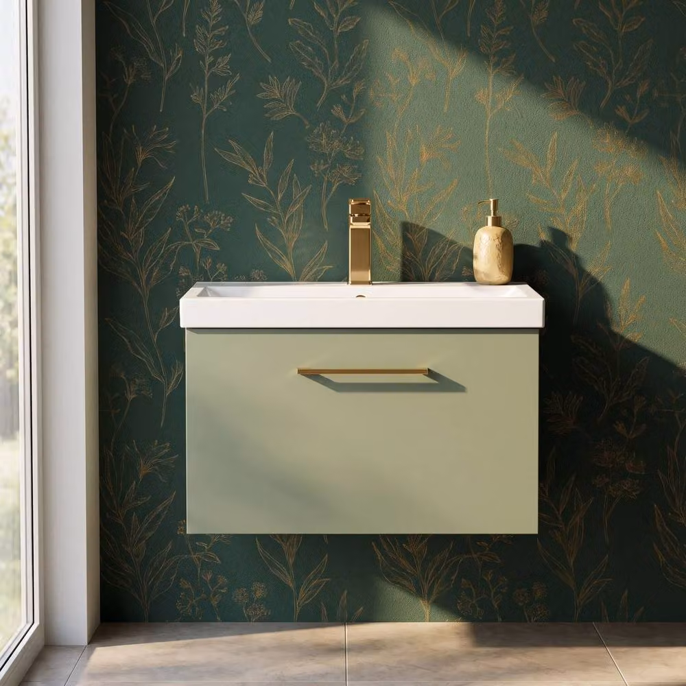 Balterley Wall Hung Single Drawer Vanity Basin Unit with Mid Edge Sink and Brushed Bronze Handle, Green, W/D/H: 61.0 x 39.0 x 39.9 cm – 6