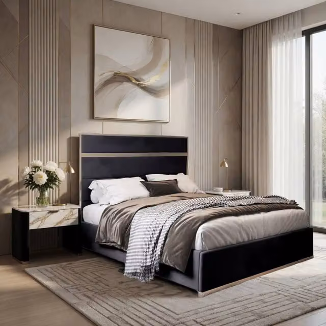 KDMD Horam Single Upholstered Velvet Designer Bed Frame with Black Metal Details, W/D/H: 90 x 190 cm