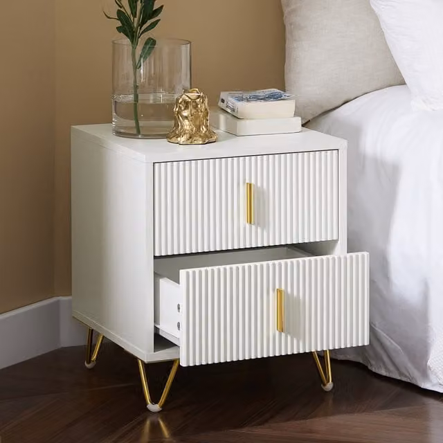 SoBuy Set of 2 White Bedside Tables with 2 Drawers and Gold Metal Legs
