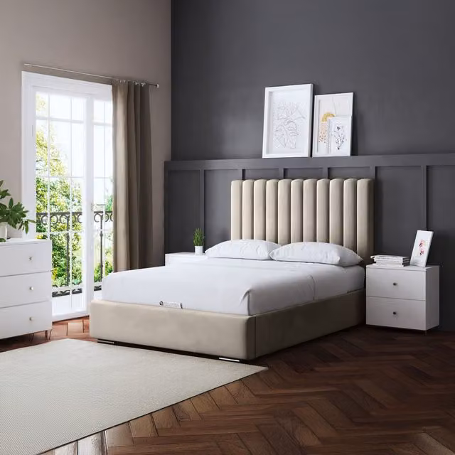 DS Living Evangeline Upholstered Panel Bed with Headboard and USB Charging Port in Beige/Yellow, W/D/H: 120 x 200 cm