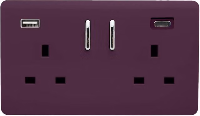 Trendi 2 Gang 13 Amp USB Switched Plug Socket with Type A and C Ports in Plum Purple